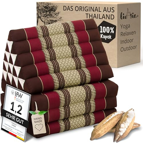 livasia Thaikissen 3 Auflagen extrahoch - 185x55x8cm - Dreieckskissen mit Klappmatratze, Kapok, Jumbo Rückenkissen faltbar, Thaimatte Klappen, handgefertigt, Meditationskissen (Weinrot)