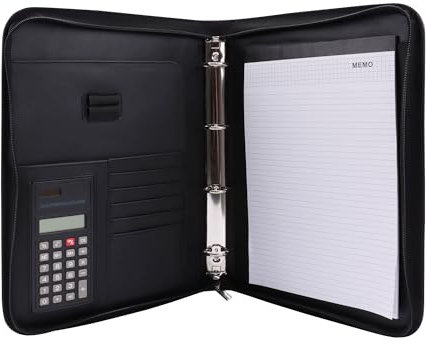 Genie Exclusiv A4 Schreibmappe mit Ringbuch, Taschenrechner, Reißverschluss, inkl. A4-Schreibblock, Lederoptik schwarz