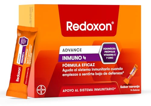 Redoxon Inmuno 4 con Zinc, Equinácea y Própolis, Sabor Naranja, 14 Sobres | Vitamina C e ingredientes de origen natural que ayudan a tus defensas, sin gluten