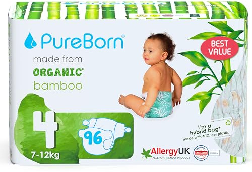 PureBorn Pañales Bebé Ecológicos de Bambú, Talla 4 (7-12 kg), 96 piezas, Hipoalergénicos, Ultrasuaves, Estampado Surtido