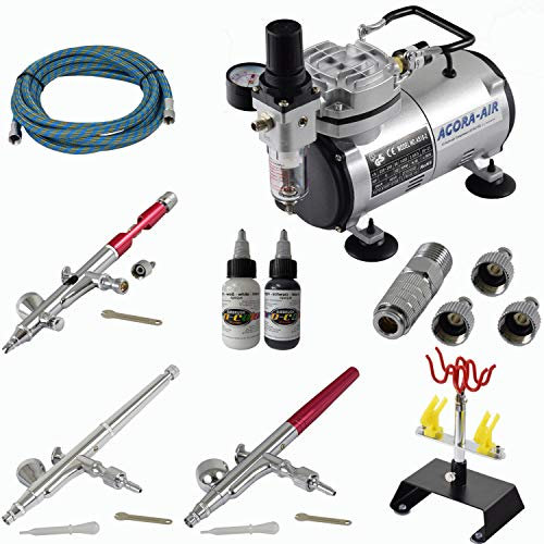 Agora-Tec® Airbrush Nailart Design Komplett Set EXPERT 12-RED, inkl. Kompressor mit 4 bar, 3 Stück Double Action Airbrushpistolen, 4-fach Pistolenhalter, 2 x 30ml Airbrush Nageldesign Weiß & Schwarz