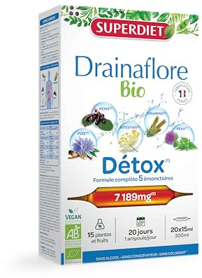 SUPERDIET-DRAINAFLORE BIO - Drainage & Détox- Détox des 5 émonctoires -Fabrication française -20 ampoule de 15 ml