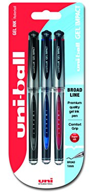 uni-ball 153486406 UM-153S Signo Impact Gelschreiber mit gummiertem Griff, Gel Super-Tinte, fälschungssicher, 1 mm breite Spitze, 3 Stück schwarz/blau/rot