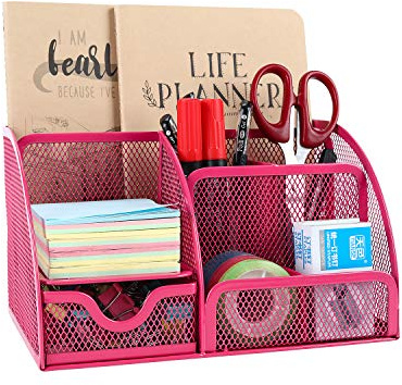EasyPAG 7 Fächer Metall Schreibtisch Organizer Stiftehalter Stiftköcher Vielseitig Utensilienschalen Büro Organisation Zubehör Ablage mit Schublade,Rosa