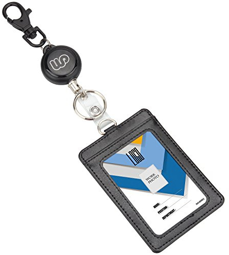 Wisdompro® Einziehbare Spule mit strapazierfähigem zweiseitigem PU-Leder Ausweishalter und Schlüsselring Vertikal Schwarz