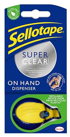 Sellotape Oh-Hand Dispenser with Super Clear Tape, Practical Sticky Adhesive Tape for Maximum Clarity, Tape Dispenser with Strong Tape for gift wrapping - Includes Single Roll (18mm x 15m)
