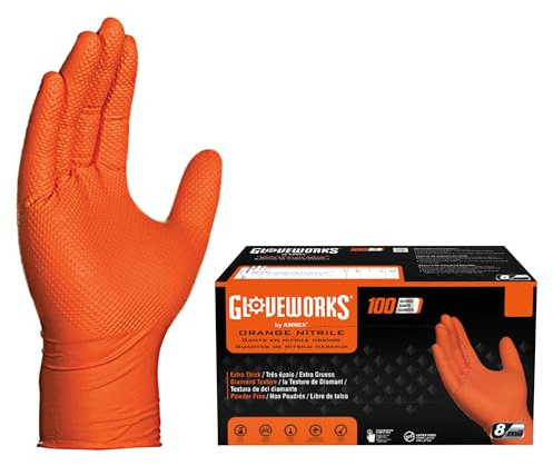 GLOVEWORKS 8 Mil Orange Nitrile Disposable Gloves Heavy Duty Industrial RDT for Mechanic and Automotive, Large Box of 100