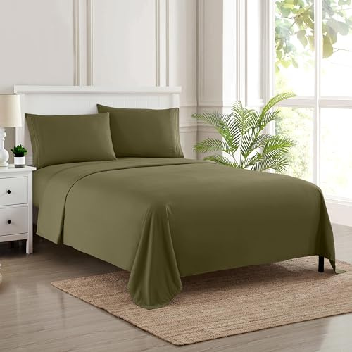 Sweet Home Collection Luxury Bedding Set with Flat, Fitted Sheet, 2 Pillow Cases, Microfiber, Olive, Full