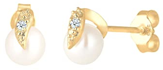 Elli DIAMONDS Boucles d'Oreilles Femmes Femmes avec Diamant et perle d'Eau Douce en Or Jaune 585