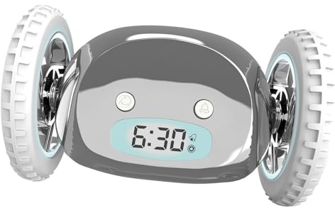 CLOCKY Lauter Wecker Digital Wecker Laut für tiefschläfer Erwachsene Jugendliche Lustig für schwerhörige schwere Schläfer auf Rädern Weglaufen Fahrender Springen Wegrollen Lustiges Geschenk (Silber)