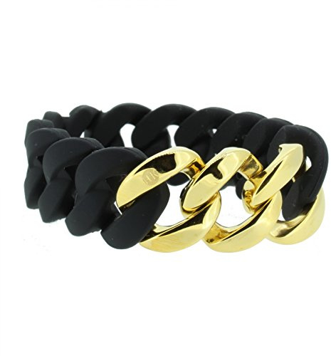 Hanse-Klunker Armband Damen ORIGINAL Silikon Schwarz, Edelstahl Gold Armreif Armkette Frauen Mädchen Größe 18-19 cm inkl. Schmuck-Geschenk-Box