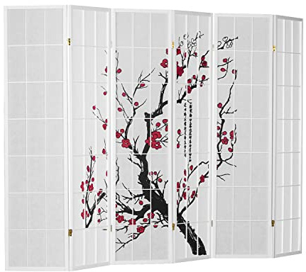 Homestyle4u Paravent 6 teilig Weiß Raumteiler Holz Shoji Reispapier Kirschblüten Shoji