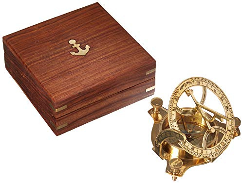 Nagina International Solid Brass 3 Sundial Compass - W/Inlaid Hardwood Box