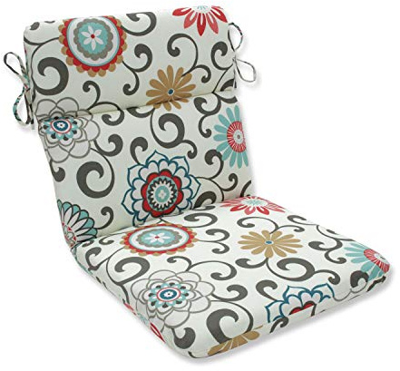 Pillow Perfect Bright Floral Indoor/Outdoor 1 Piece Split Back Chair Cushion Set With Ties, 1 Count, 40.5 x 21, Blue/Brown Pom Pom Play