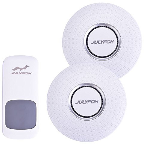 Julyfox Programmable Model D Wireless Doorbell Chimes Kit Transformer 60-260V Adjustable Voltage 1000-Feet Range 52 Chimes AC Plug Receiver IP55 Waterproof Transmitter Button(2 Receiver+1 Transmitter)