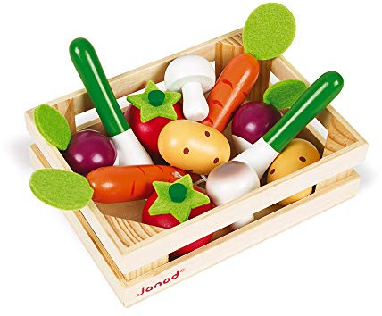 Janod - Gemüsekiste mit 12 Holzfrüchten, Puppen-Teeküche, Küchenset, Kaufladen-Zubehör, Spielzeugnachbildung, ab 3 Jahren, J05611, Silber