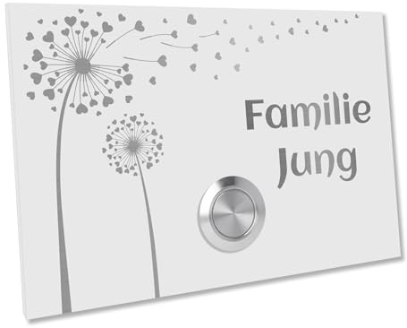 Jung Edelstahl Design Türklingel London 3 weiß RAL9016 pulverbeschichtet | Motiv Pusteblume Klingelschild 12 X 8 cm | Haustürklingel V2A Edelstahl LED Taster (weiß)