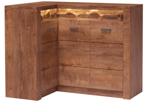 Mirjan24 Eckkommode Indiano I-15O, Kommode, Mehrzweckschrank Anrichte Diele Flur Esszimmer (Esche Hell, mit warmweißer LED-Beleuchtung)