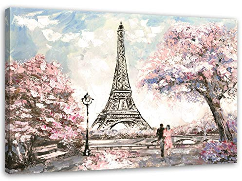 Feeby Bilder Eiffelturm Frankreich XXL 70x50 cm 1 Teilig Modern Wohnzimmer Schlafzimmer Flur Büro Wandbilder Leinwandbilder Bild auf Leinwand Wanddekoration Kunstdruck Landschaft wie gemalt Rosa