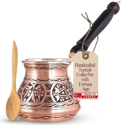 Erbulus 12 Oz Copper Turkish Greek Arabic Coffee Pot with Wooden Handle (4 cups), Cezve, Ibrik, Briki Greek Coffee Pot, Hammered Turkish Coffee Maker