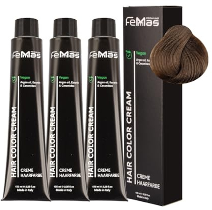 FemMas Hårfärg, intensiv mörkblond 6.0 3x, professionell färgkräm med arganolja, keratin och ceramider, permanent färg eller toning, strålande resultat, 100 ml