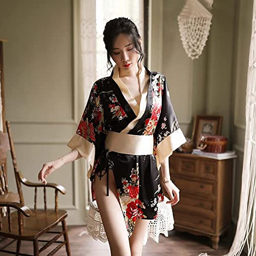 Women Japanese Kimono Sexy Kimono Robe Yukata with Lingerie Belt Briefs Loose Pajamas Dress Suit Women's Floral Print Nightdresses Sexy Cosplay Costumes Seductive Playful for Lady Women Girl Wife Gift