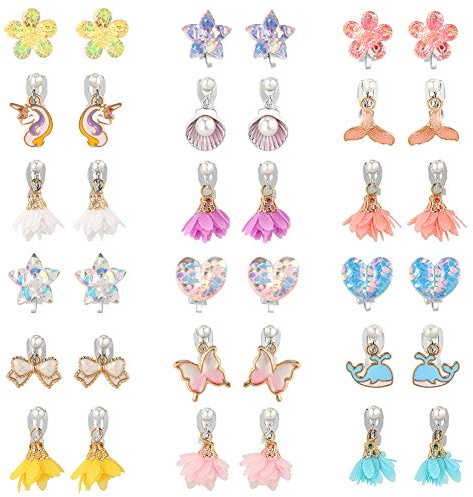 Pinkgarden 18 Paar Clip On Ohrringe für kleine Mädchen, Kinder Schmuck Ohrringe Set, Einhorn Blume Meerjungfrau Ohrclip, Mädchen Verkleiden sich