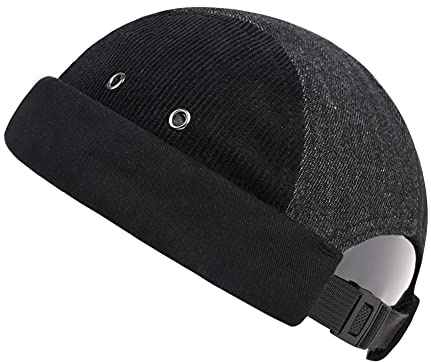 YAMEE Herren Mützen Docker Cap Skullcap Beanie Worker Sailor Cap Krempenlose Kappe Rollbund Retro Mode Krempenlose Mütze mit Verstellbar, Black, One size