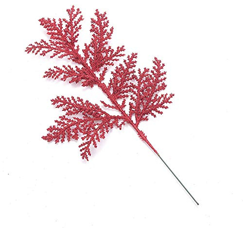 INIFLM 12 foglie di glitter artificiali, rosso glitterato di felce, decorazione a forma di ramo di albero, per feste, decorazioni per albero di Natale, decorazioni per regali fai da te