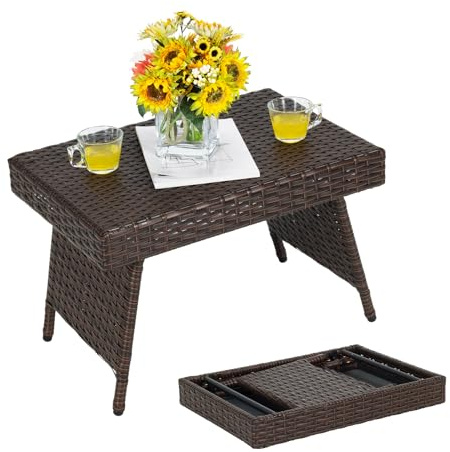 GOPLUS Sidobord i polyrattan vikbart, trädgårdsbord litet med metallram, 60 x 40 cm rottingbistrobord, balkongbord soffbord för vardagsrum och terrass