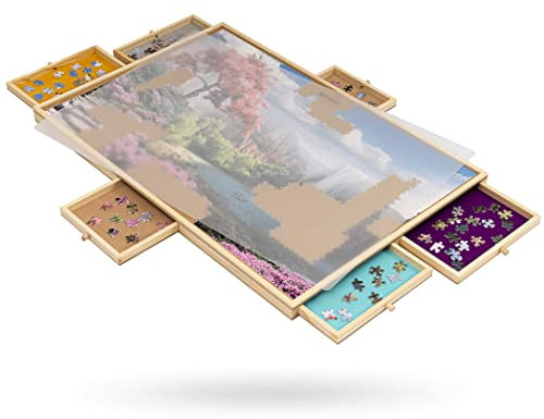 Tektalk tragbarer hölzerner Puzzletisch mit Abdeckung, Puzzle-Plateau, Puzzle-Puzzle-Board mit 6 bunten Schiebeschubladen für bis zu 1000 Teile Puzzles