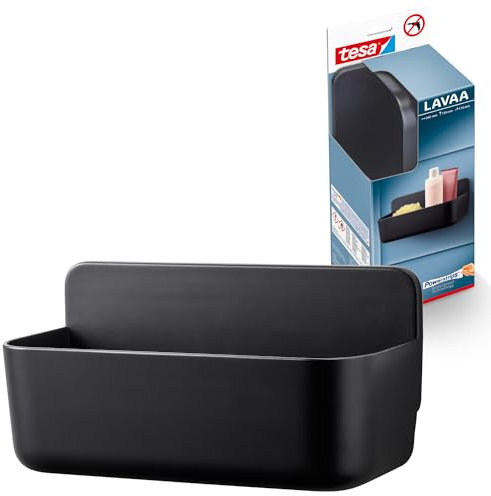 tesa Lavaa Duschkorb M, schwarz matt - Duschablage zur Wandmontage ohne Bohren, inkl. tesa Powerstrips Waterproof Strips XL - 260 mm x 130 mm x 110 mm