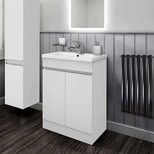 Biubiubath Waschbecken mit Waschbecken, 500 mm, matt, Weiß, 2 Türen mit Absenkautomatik, freistehend, Badezimmerschrank mit Waschkommode