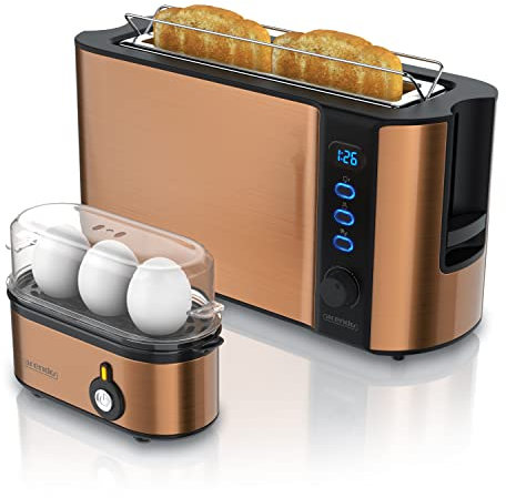 Arendo - SET Toaster FRUKOST und Eierkocher THREECOOK Edelstahl Kupfer – Toaster 2 Scheiben, LED-Display, 6 Bräunungsgrade, Brötchenhalter - Eierkocher 1-3 Eier, Messbecher - GS BPA frei