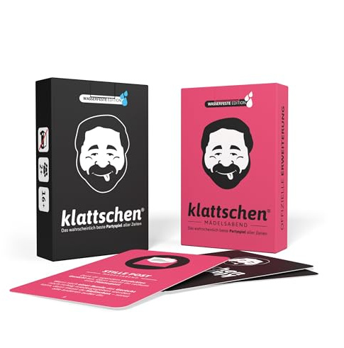DENKRIESEN klattschen Doppelpack | Original & Mädelsabend ab 16 Jahren | Zwei wasserfeste Kartenspiele und Trinkspiele für Partys, Junggesellinnenabschiede und Spieleabende.