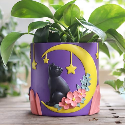 GUGUGO Moon Cat Cute Flower Pots, Unique Rainbow Planter with Drainage, Vintage Retro Colorful Flower Plant pots for Indoor Plants, Eclectic Succulent Gardening Pot for Home Décor (A, Purple, 5Inch)