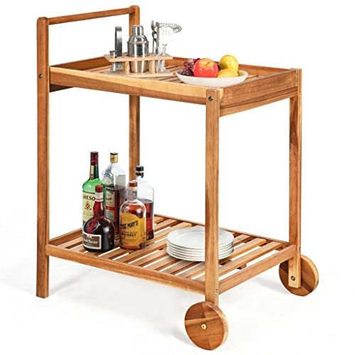 FLYIFE Carrello da Cucina con Rotelle a 2 Livelli Carrello da Pranzo per Esterni con Ruote con Piano Di Lavoro in Legno Massello e Portaspezie/Rosso/1Pcs