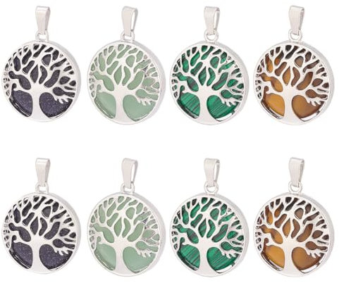 PH PandaHall 8pz 4 stili Ciondolo Albero Della Vita, Ciondoli In Pietra di Cristallo Ciondolo In Pietra Preziosa Sintetica Naturale Ciondoli In Quarzo Tondo per Gioielli, Braccialetti, Collane Chakra