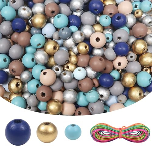 TOAOB 1000 Pezzi Perline in Legno Naturale Colorate con Foro Palline Legna 6mm 8mm 10mm e 5 Metri Linea Elastica per Braccialetti Collane Lavoretti Fai da Te Decorazioni Artigianali
