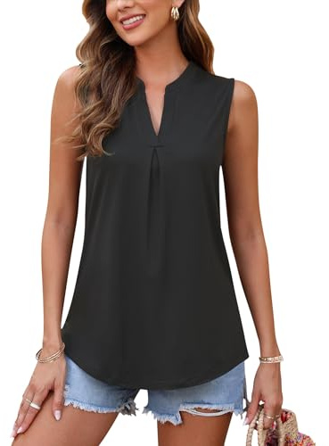 AUSELILY Womens 2026 Summer Tank Tops Causal Ladies V Neck Sleeveless Loose Pleated Shirts Blouse Black L