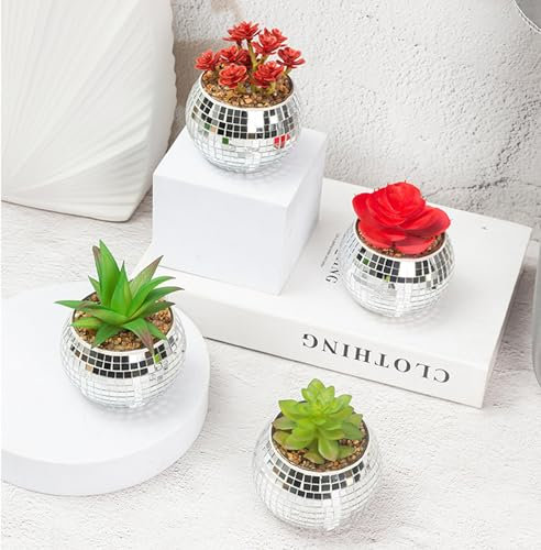 Qiumyanlod Discokugel-Pflanzgefäß, Glas-Discokugel-Blumentopf, silberfarbener Spiegel-Pflanzgefäß, Disco-Pflanzenhalter, Discokugel-Vase, Boho-Disco-Dekor für Zimmerpflanzen, Sukkulenten, Kakteen, 7,6
