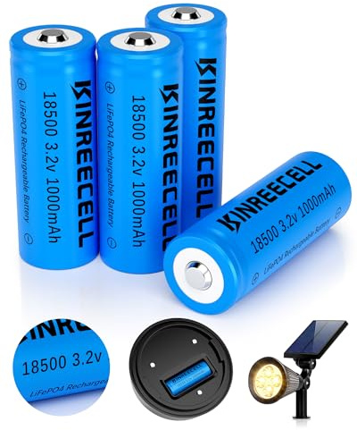 KINREECELL LiFePO4 18500 3.2v 1000mAh 3.2wh Solar Batterie, 18500 3.2 Volt wiederaufladbare Li-Ion Batterie für Outdoor Solarleuchten, Garten Solarleuchten, Taschenlampe (4 Stück)