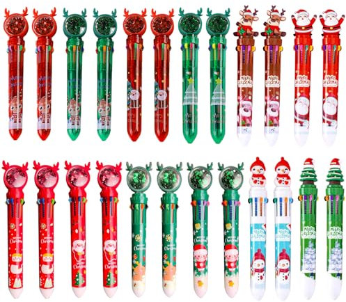 songyea 24 Stück Weihnachts Kugelschreiber, 10-in-1 Bunte Einziehbare Kugelschreiber, Bedruckt mit Weihnachtsbäumen, Schneemännern und Weihnachtsmännern, Weihnachtsbriefpapier, Weihnachten für Kinder