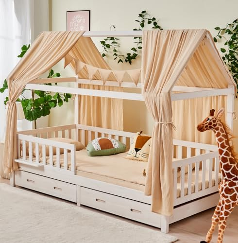 ALAVYA HOME Set di 3 decorazioni per letto a forma di cielo + bandierine, in mussola biologica, per la cameretta dei bambini, 125 x 350 cm, beige