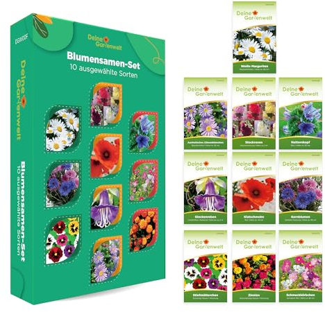 Blumensamen Set - 10 Sorten Samen - Saatgut Sortiment - Anzuchtset für Blumen - Geschenkset - Margerite, Stockrosen, Cosmea, Mohn und mehr