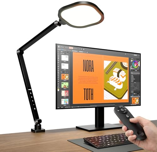 Lampe de bureau à pince - 15 W - Lampe à lumière du jour avec télécommande - Lampe pour écran à intensité variable - 3 modes couleur & 10 niveaux de luminosité - Fonction de protection des yeux, noir