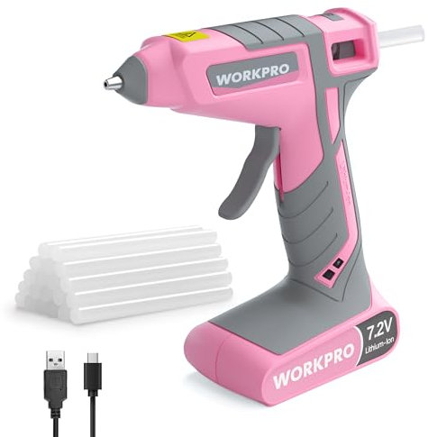 WORKPRO Heißklebepistole Akku 7,2V, Kabellos & mit Kabel Verwendbar, Akku Klebepistole mit 20 Klebesticks, 30s schnelle Aufheizung, Schnelle Klebstoffabgabe, USB-C-Aufladung, für Handwerk, Dekoration
