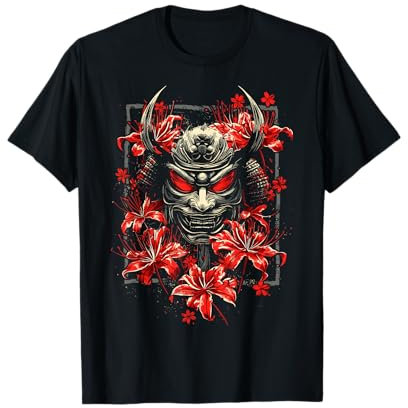 Rote Spinne Lilie Blume Oni Maske Noh Japanische Anime Otaku T-Shirt