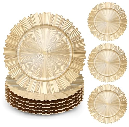 Etsutomy 6 Pcs Gold Charger Plates,13 Inch Elegant Fluted Edge Plastic Charger Plates Reusable Table Chargers for Dinner Birthday Wedding Party Bridal Showers Tableware Dishes Luxury Decor