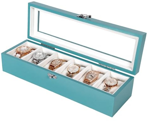 Exper City Watch Box, Watch Case for Men Women with Large Glass Lid, Wooden Watch Display Storage Box with 6 - Slots, Ocean Blue Mens Watch Box Organizer